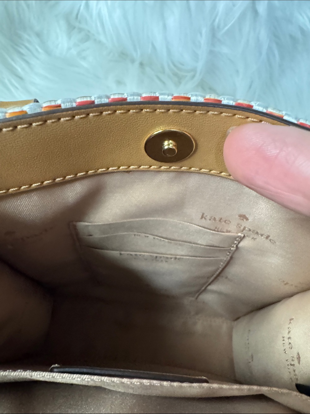 kate spade Tan and Pink Woven Crossbody Mini Tote - Picture 11 of 15